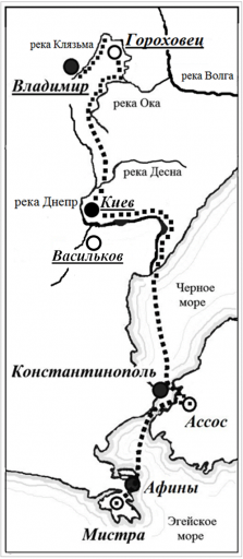 Схема распространения приемов строительства городов Древней Греции, Византии на территории Киевской и Северо-Восточной Руси.